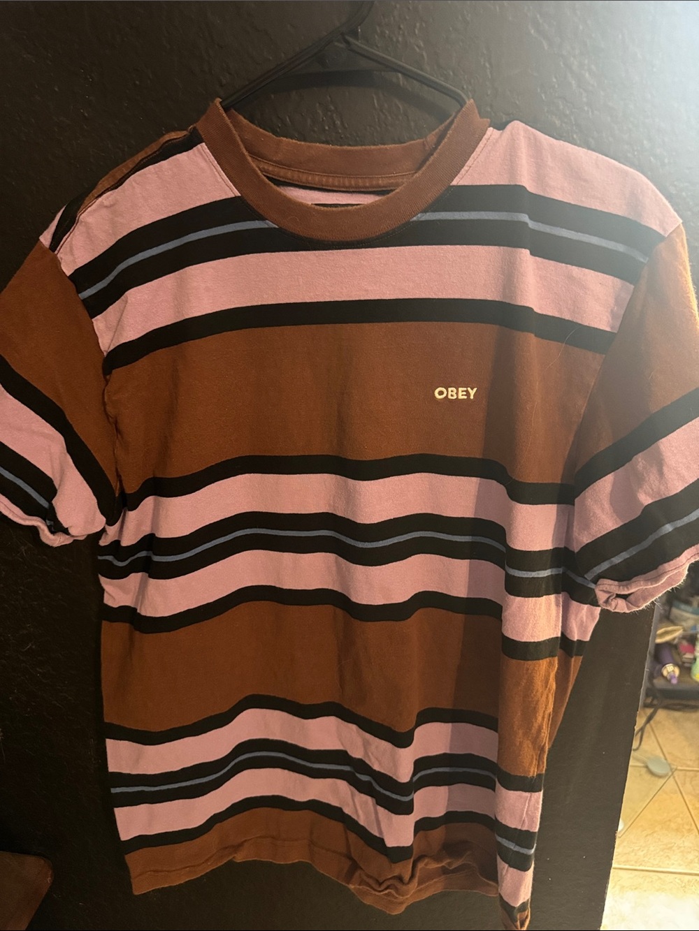 Obey Short-Sleeve Striped Tee — Brown, Pink & Black